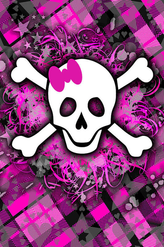 Pink Bow Poster featuring the digital art Plaid Girly Skull by Roseanne Jones