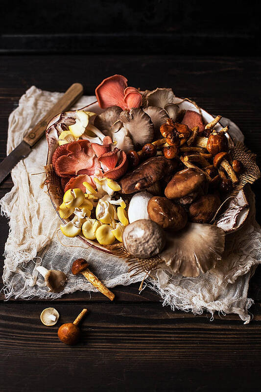San Francisco Poster featuring the photograph Plate Of Mixed Mushrooms On Wooden Table by One Girl In The Kitchen