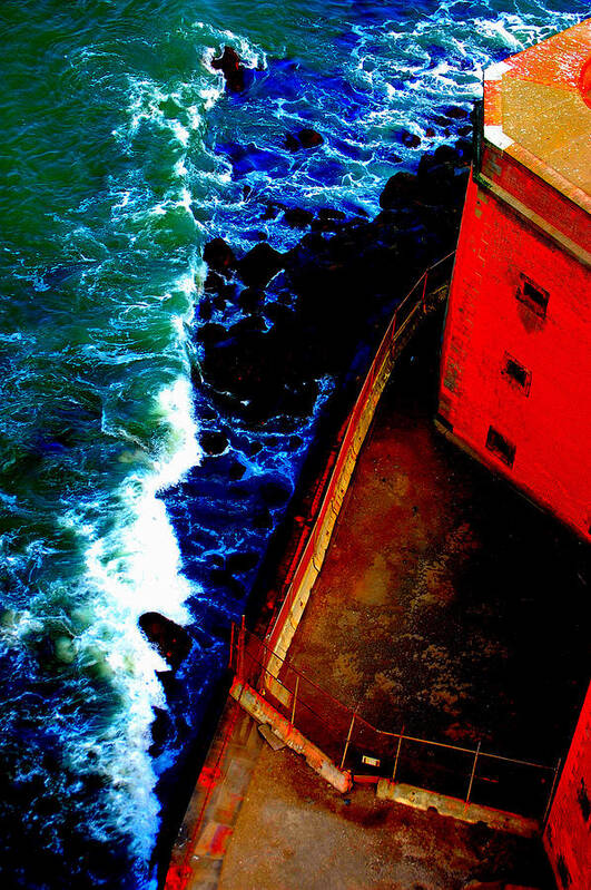 Looking Down Golden Gate Bridge Fort Waves Crashing Water Ocean Rocks San Francisco Ca Poster featuring the photograph Plunging from Golden Gate by Holly Blunkall