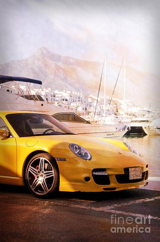 Porsche Poster featuring the photograph Porsche parked in front of luxury yacht by Perry Van Munster