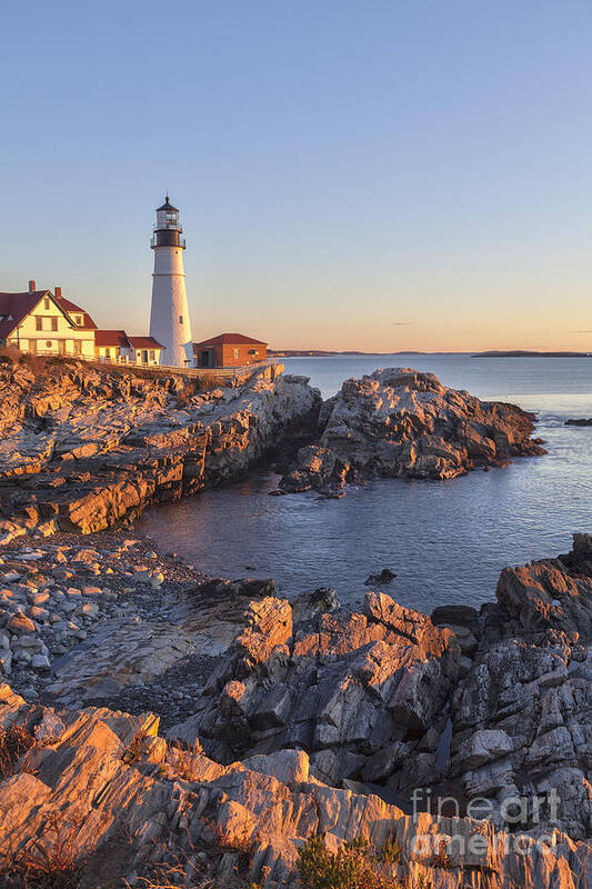 Cape Elizabeth Poster featuring the photograph Portland Head light lighthouse at sunrise Maine by Ken Brown