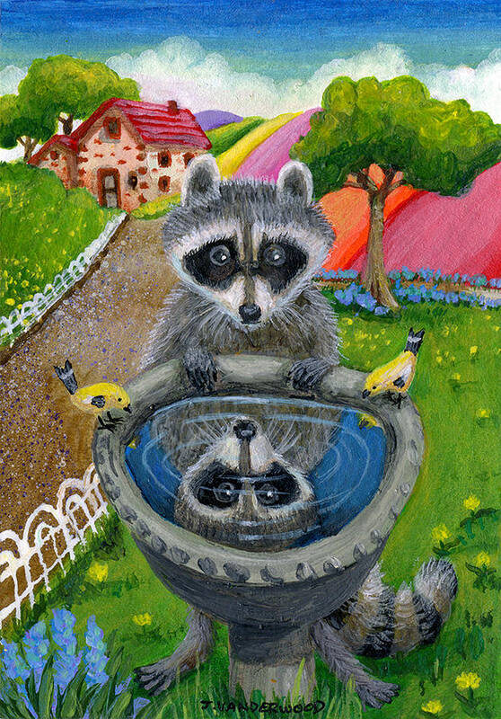 Raccoon Poster featuring the painting Raccoon at the Birdbath by Jacquelin L Westerman