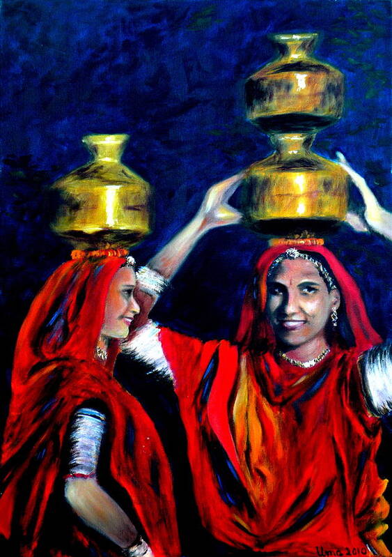 Rajasthani Women Poster featuring the painting Rajasthani women by Uma Krishnamoorthy