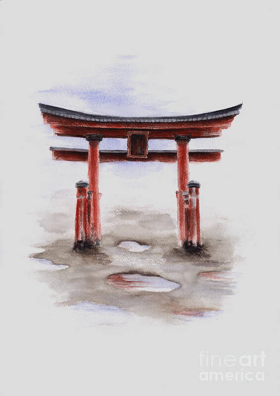 Torii Poster featuring the painting Red Torii japanese temple gate. by Mariusz Szmerdt