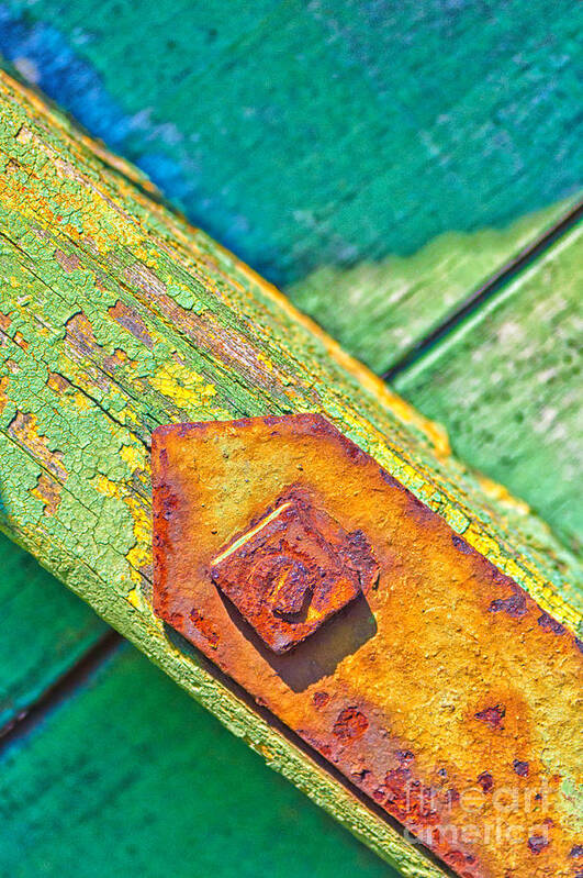 Abstract Poster featuring the photograph Rusty bolt on rotten green wood by Silvia Ganora