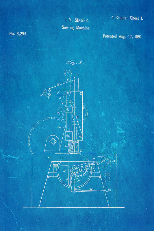 Crafts Poster featuring the photograph Singer Sewing Machine Patent Art 1851 Blueprint by Ian Monk