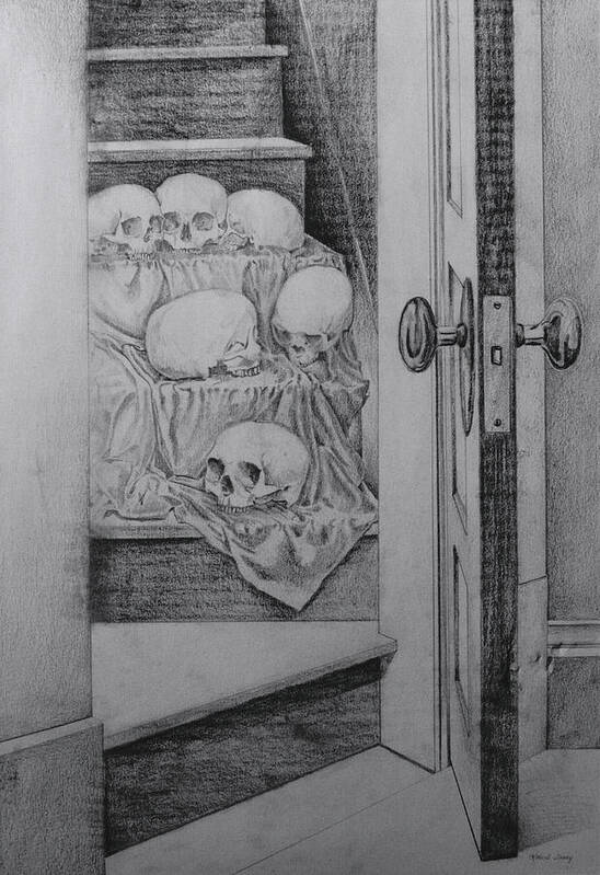 Skulls Poster featuring the drawing Skulls On Staircase by Robert Tracy