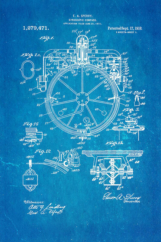 Famous Poster featuring the photograph Sperry Gyroscopic Compass Patent Art 1918 Blueprint by Ian Monk