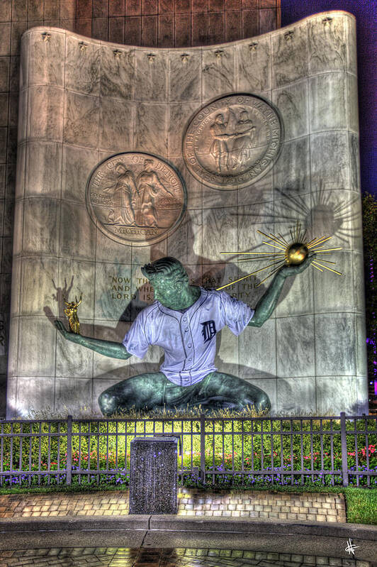 Spirit Of Detroit Poster featuring the photograph Spirit Of Detroit In Tiger Jersey Detroit MI by A And N Art