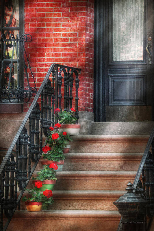 Hoboken Poster featuring the photograph Spring - Porch - Hoboken NJ - Geraniums on stairs by Mike Savad