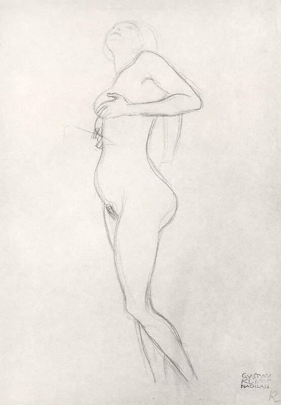 Klimt Poster featuring the drawing Standing Nude Girl Looking Up by Gustav Klimt