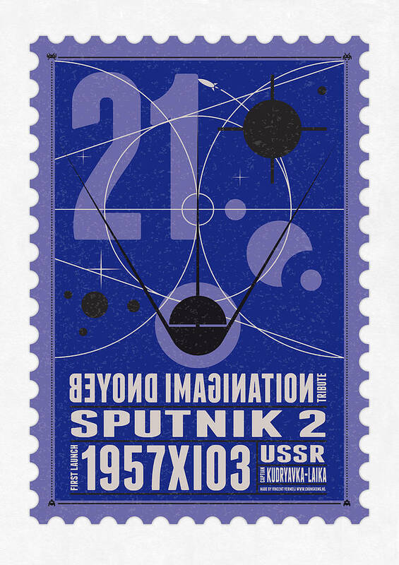 Minimal Poster featuring the digital art Starschips 21- poststamp - Sputnik 2 by Chungkong Art