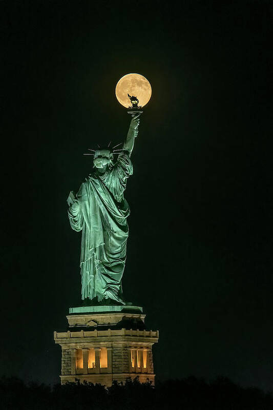 Moon Poster featuring the photograph Statue Of Liberty by Hua Zhu