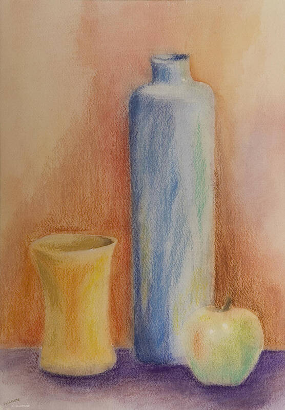 Still Life Bottle Glass Apple Mixed Media Poster featuring the painting Still life by Brenda Salamone