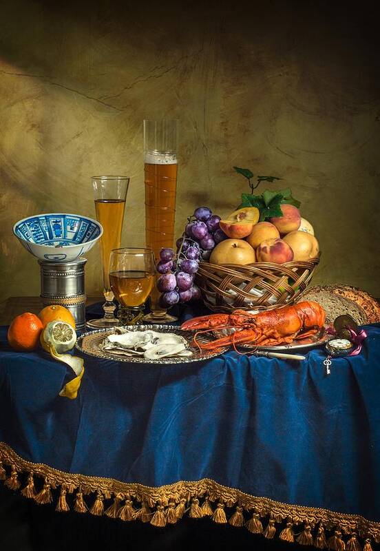 Willem Kalf Poster featuring the photograph Still life with lobster fruits and great salt by Levin Rodriguez