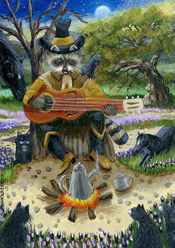 Raccoon Poster featuring the painting Strumming the Old Guitar by Jacquelin L Westerman