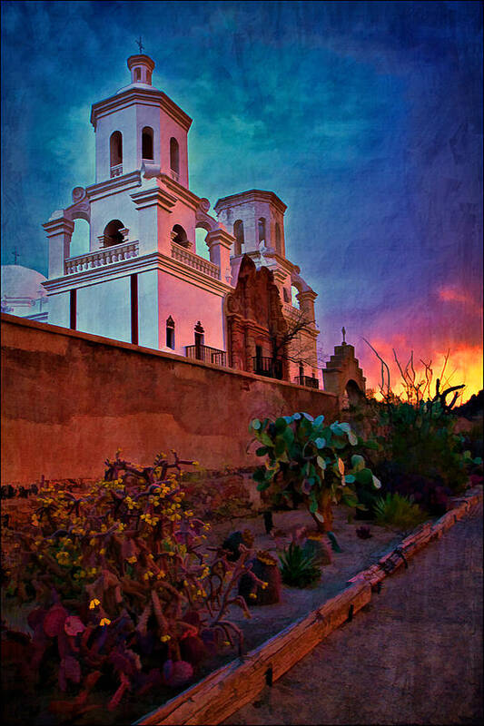 Mission San Xavier Del Bac Poster featuring the photograph Sunrise at Mission San Xavier del Bac by Priscilla Burgers