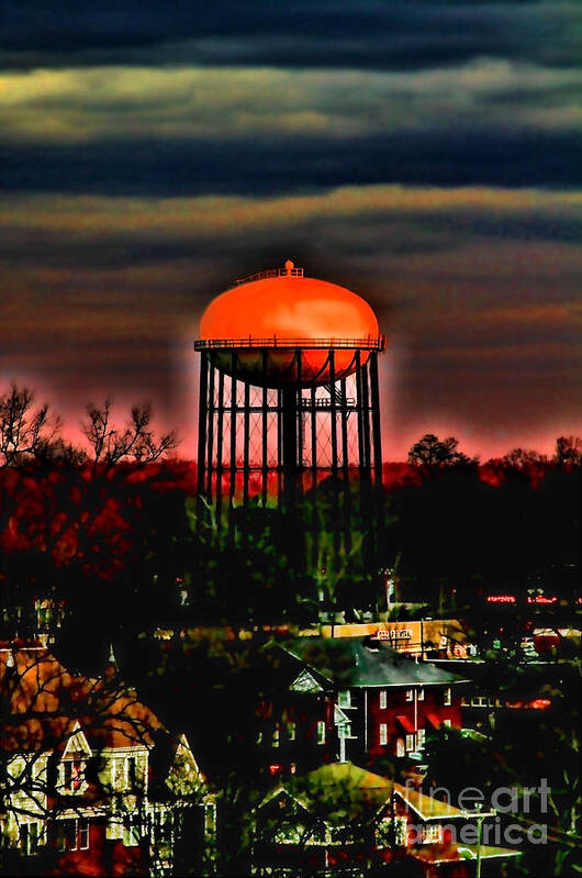 Water Tower Poster featuring the photograph Sunset on a Charlotte Water Tower by Diana Sainz by Diana Raquel Sainz