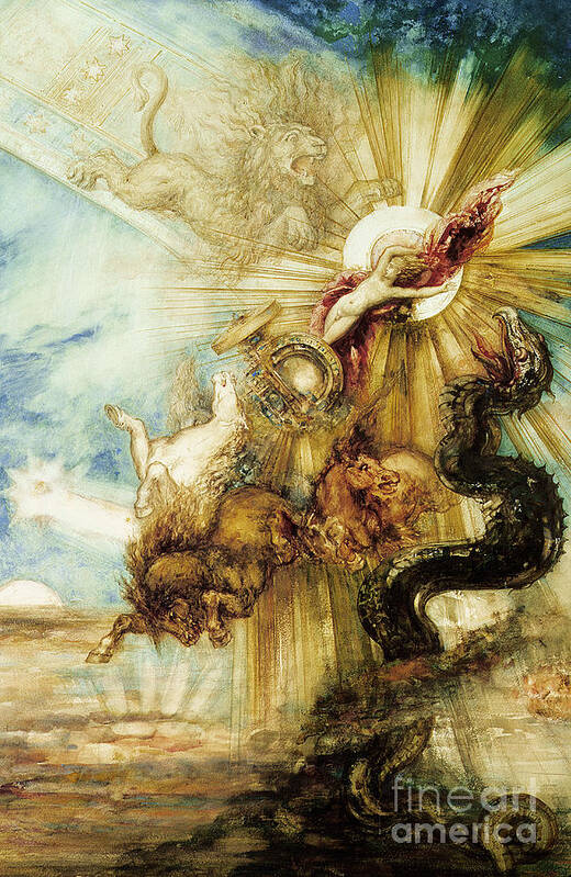 Symbolist; Greek; God; Chariot; Monster; Sun; Scorpio; Lion; Leo; Cabinet Des Dessins; Constellation; Zodiac; Youth; Terror; Phaeton; Son Of Helios; Drives Sun Chariot Too Close To Earth; Killed By Thunderbolt From Zeus To Prevent Disaster Poster featuring the painting The Fall of Phaethon by Gustave Moreau