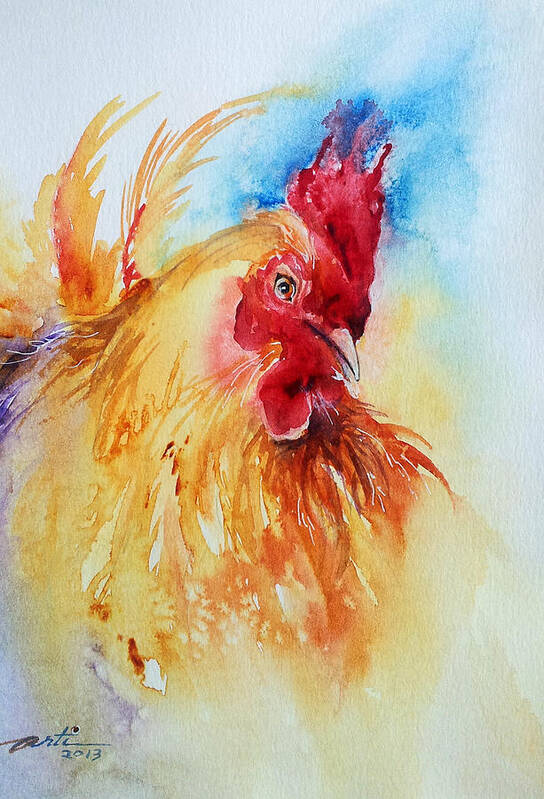 Rooster Poster featuring the painting The Yellow Rooster by Arti Chauhan