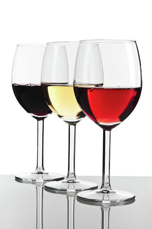 Rose Wine Poster featuring the photograph Three Wine Glasses, White, Red And Rose by Domin domin