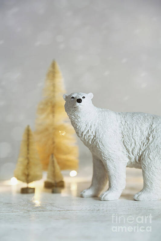 Christmas Poster featuring the photograph Toy polar bear with little gold trees and lights by Sandra Cunningham
