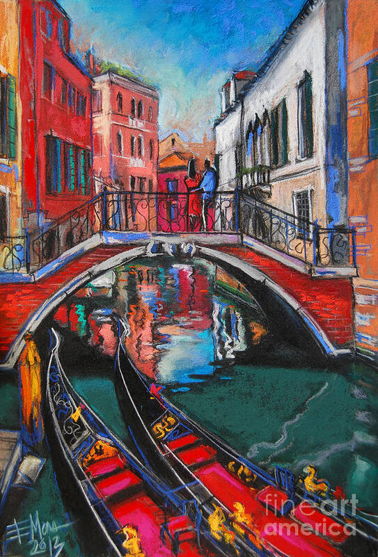 Two Gondolas In Venice Poster featuring the painting Two Gondolas In Venice by Mona Edulesco