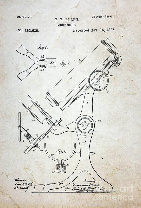Paul Ward Poster featuring the photograph Vintage Microscope Patent by Paul Ward