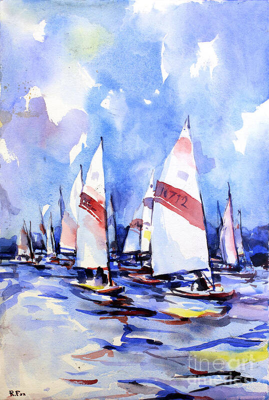 Bay Poster featuring the painting Watercolor of scow boats racing Torch Lake MI by Ryan Fox