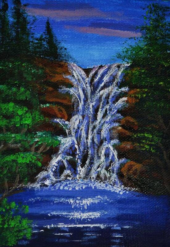 Landscape Poster featuring the painting Waterfall at dusk by P Dwain Morris