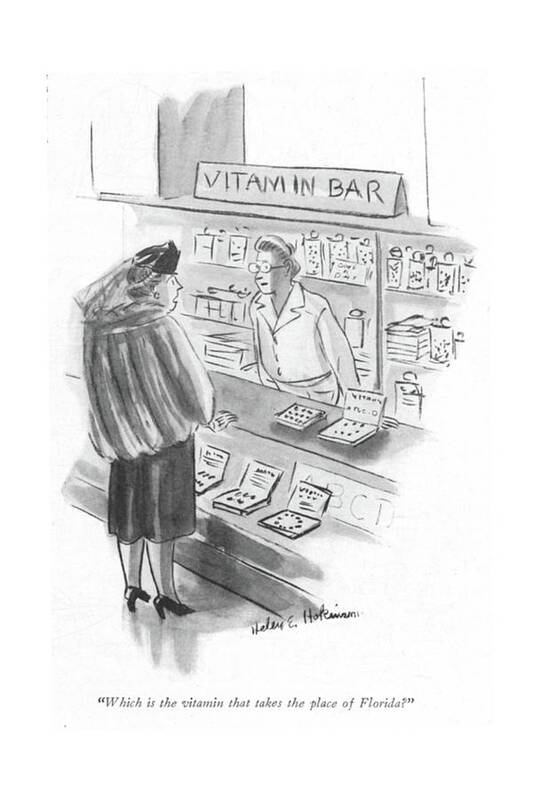 113148 Hho Helen E. Hokinson Woman At Vitamin Bar.
 Bar Being Health Healthy Mineral Minerals Necessary Needs Nutrients Nutrition Region Regional Regions State States Sun Sunshine Supplement Vacation Vitamin Vitamins Well Wholesome Woman Poster featuring the drawing Which Is The Vitamin That Takes The Place by Helen E. Hokinson