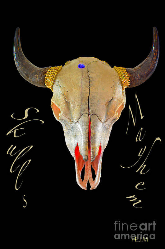 Skulls Art Work Poster featuring the mixed media White and Gold Illuminating Buffalo Skull by Mayhem Mediums