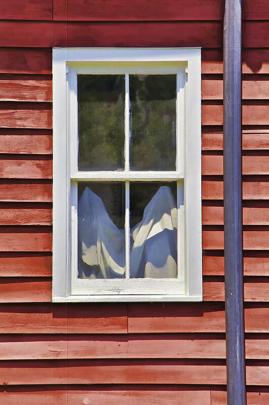 Architecture Poster featuring the photograph White Wood Window against a Faded Weathered Red Barn Wall by David Letts