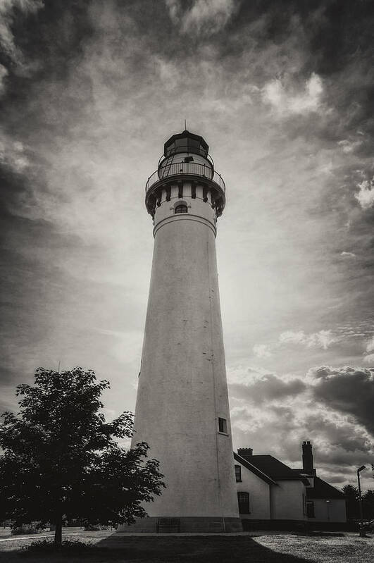 Beacon Poster featuring the photograph Wind Point Lighthouse Silhouette in Black and White by Joan Carroll
