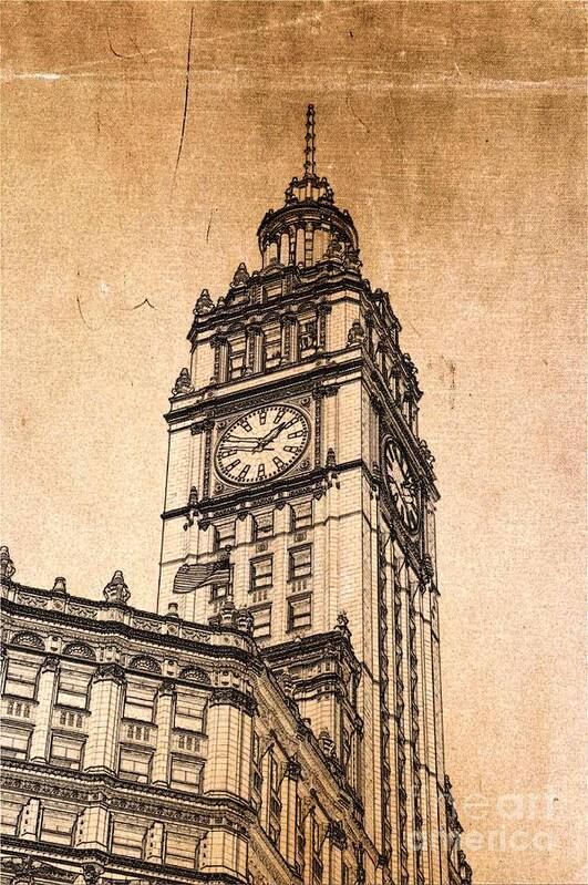 Wrigley Tower Poster featuring the digital art Wrigley Clock Tower Chicago by Dejan Jovanovic