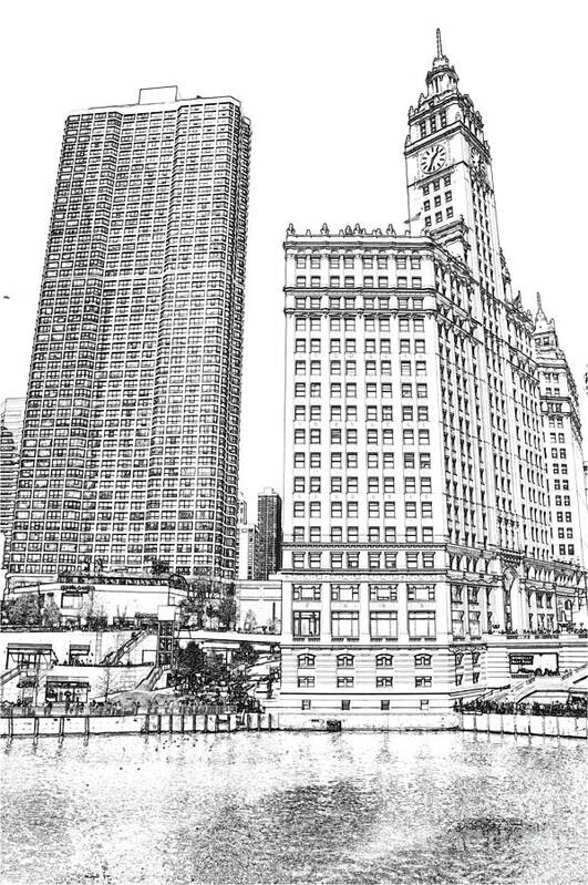 Wrigley Tower Poster featuring the digital art Wrigley Clock Tower in Chicago by Dejan Jovanovic