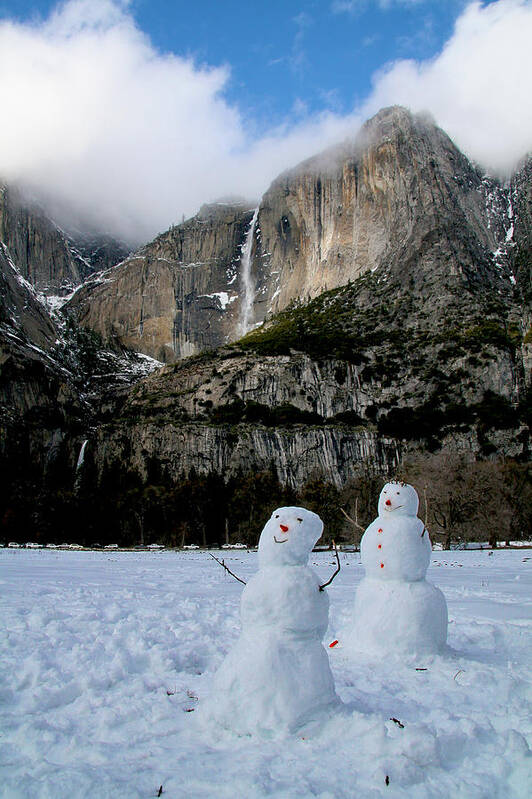 Yosemite Poster featuring the photograph Yosemite Falls Snowmen by Her Arts Desire