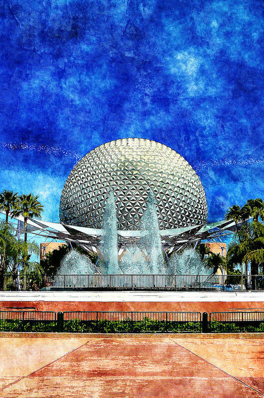 Disney Poster featuring the digital art Spaceship Earth and Fountain of Nations #2 by Sandy MacGowan