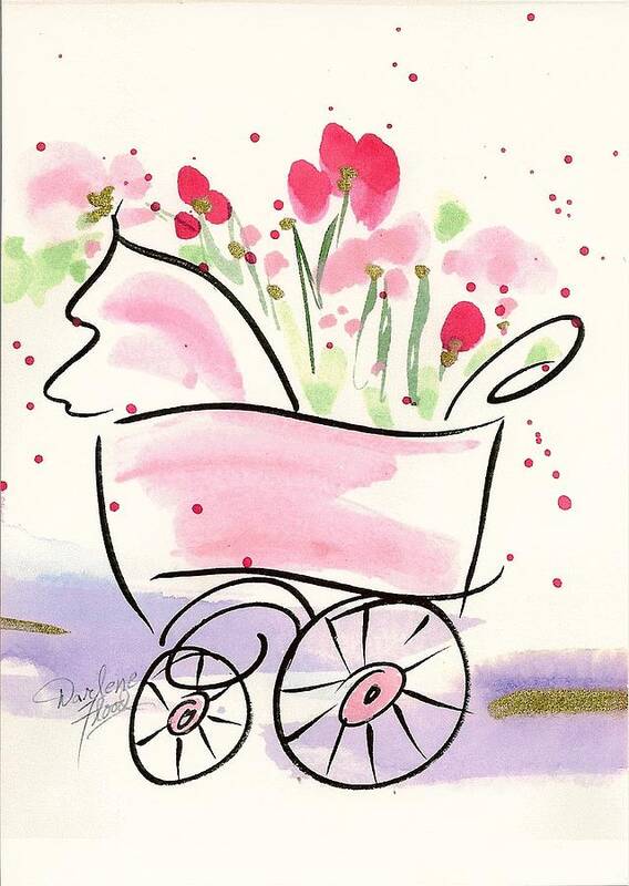 Original Water Color Design Poster featuring the drawing Baby Buggy Note Card by Darlene Flood