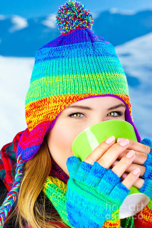 Beautiful Poster featuring the photograph Beautiful girl drinking hot chocolate outdoor in winter by Anna Om
