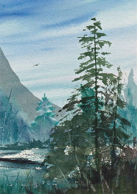 Mountains Poster featuring the painting Blue Green pines by Frank SantAgata