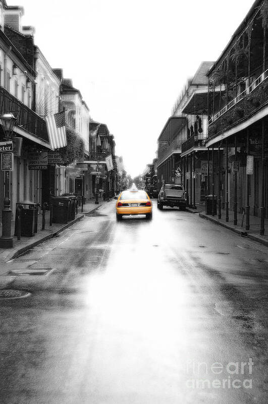 Travelpixpro French Quarter Poster featuring the digital art Bourbon Street Taxi French Quarter New Orleans Color Splash Black and White Diffuse Glow Digital Art by Shawn O'Brien