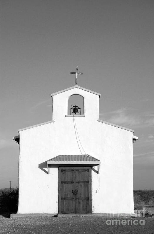 Travelpixpro West Texas Poster featuring the photograph Calera Mission Chapel Facade in West Texas Black and White by Shawn O'Brien