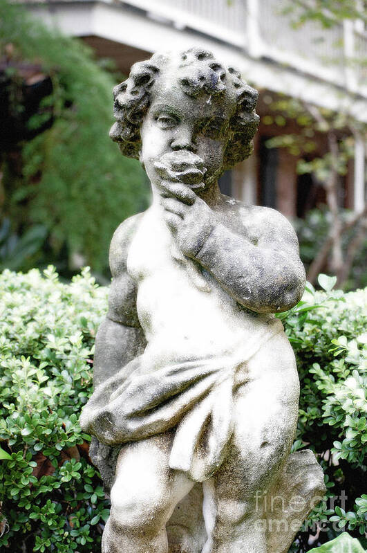 Travelpixpro New Orleans Poster featuring the photograph Courtyard Statue of a Cherub Smelling a Rose French Quarter New Orleans Diffuse Glow Digital Art by Shawn O'Brien