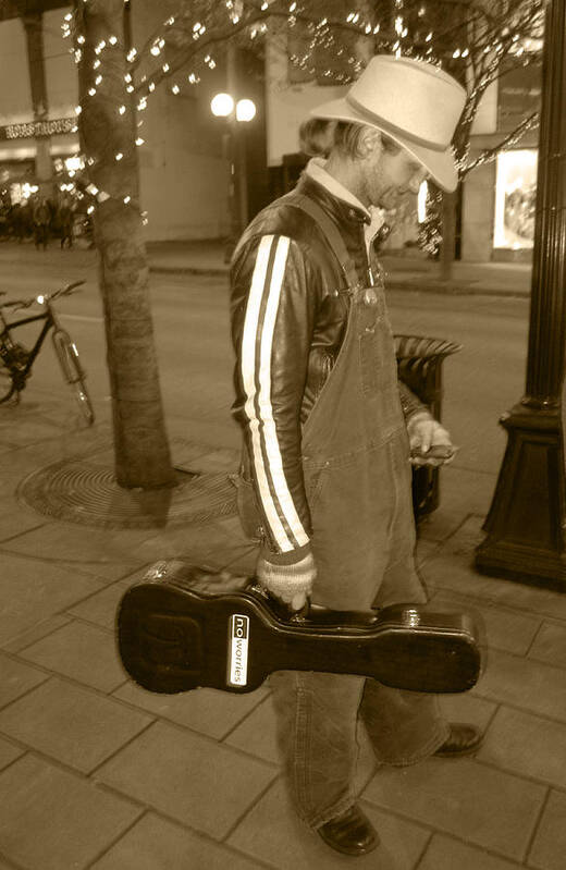 Sepia Tone Cowboy Musician. Street Musician Poster featuring the photograph Cowboy Musician On Streets by Kym Backland