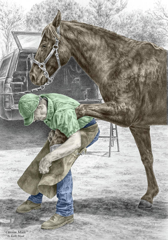 Farrier Poster featuring the drawing Custom Made - Farrier and Horse Print color tinted by Kelli Swan