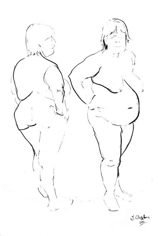 Nudes Poster featuring the drawing Double standing female nude by Joanne Claxton