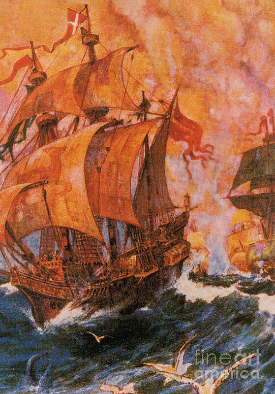 History Poster featuring the photograph Drakes Ship Battles The Spanish Armada by Photo Researchers