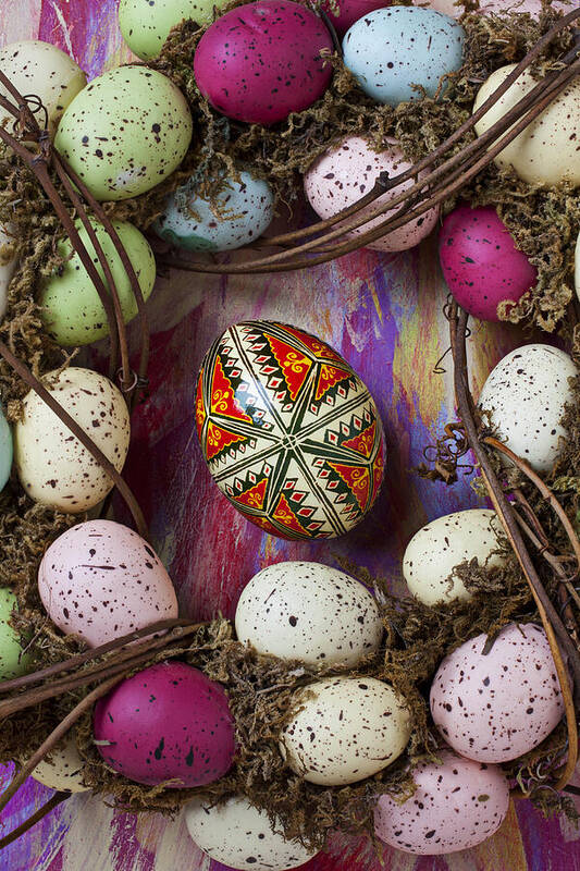 Easter Poster featuring the photograph Easter egg with wreath by Garry Gay