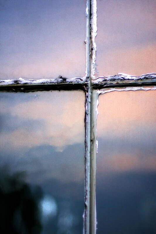 Blue Poster featuring the photograph Empty Cross on the Window of an Old Church by Angela Rath